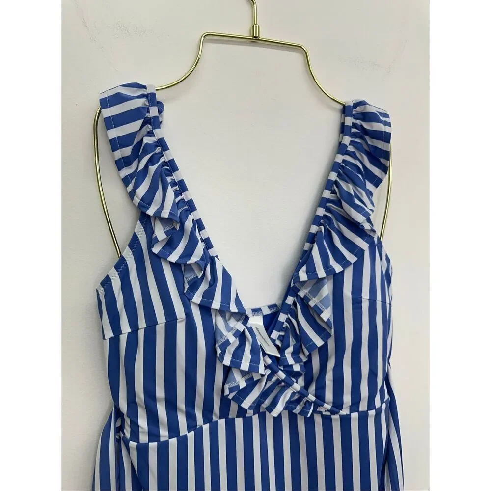Vineyard Vines Women’s Blue and White Sail Stripe Ruffle One-Piece Swimsuit